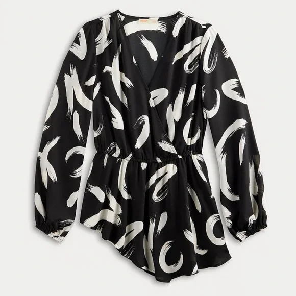 Women's INTEMPO Asymmetrical Faux-Wrap * Size XS * Black White Print - Picture 1 of 7